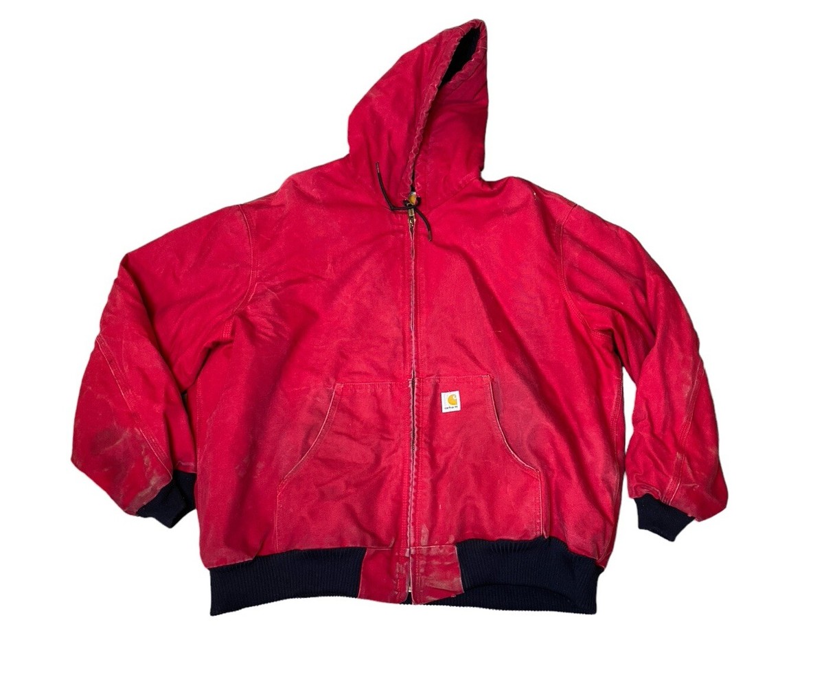 Carhartt Mens Vtg Red Canvas J140 Hooded Zip Up Workwear Jacket