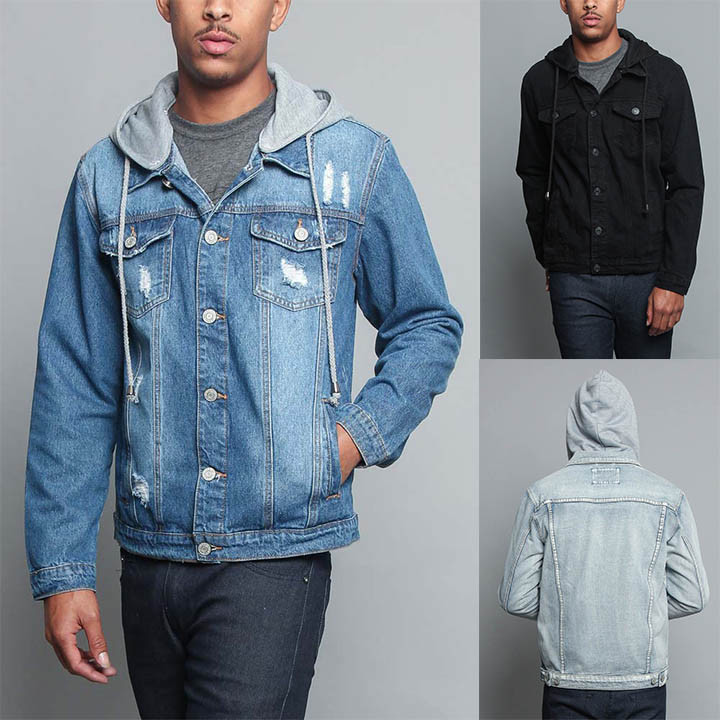 Victorious Men's Hoodie Ripped Denim Jacket with Removable Hood