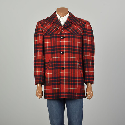 46L Large 1950s Red Plaid Coat Lumberjack Pendleton Wool Lined