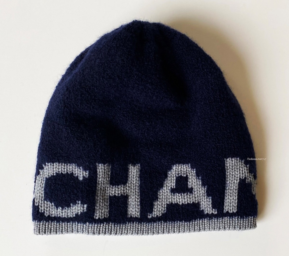NEW 2021 CHANEL NAVY BLUE GREY CASHMERE WOOL BLEND KNIT HAT CAP