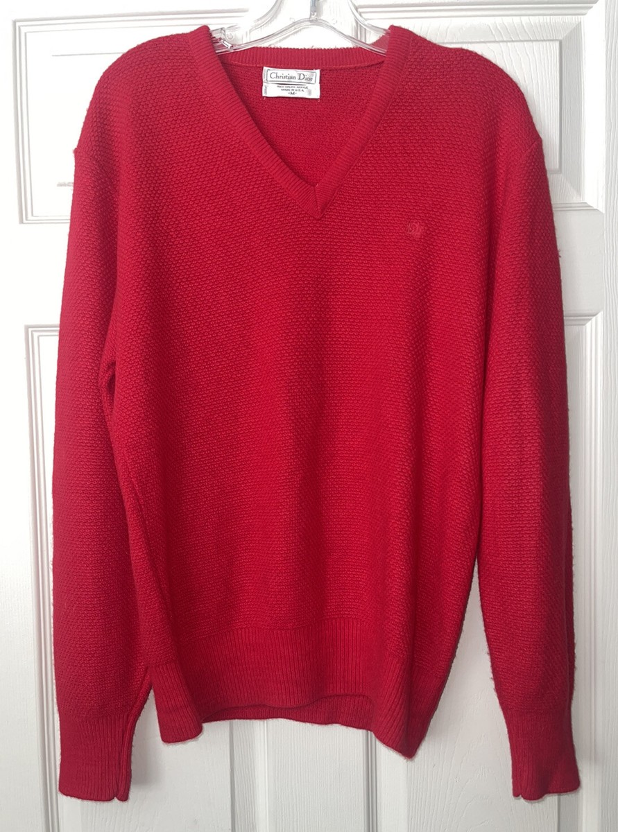 Vintage 1980s Christian Dior RED Acrylic V-neck Men's Sweater