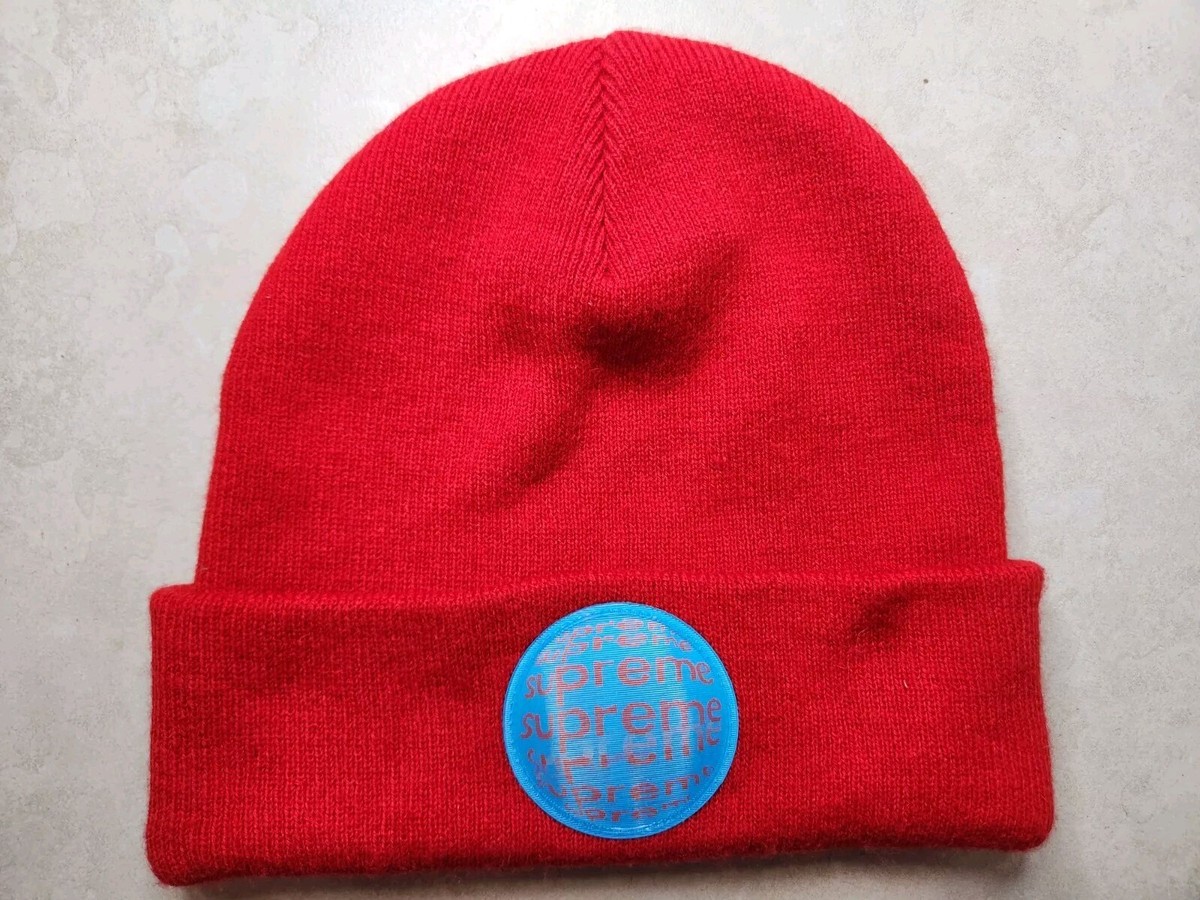 Authentic Supreme Red Lenticular Patch Beanie Red Winter Hat Clean