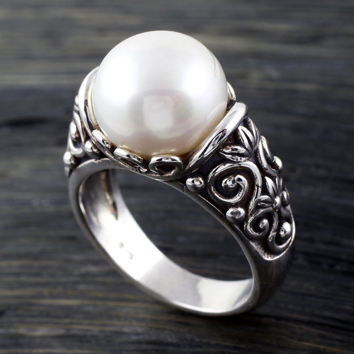 925 Sterling Silver Fancy Swirl Design Freshwater Pearl Ring Size