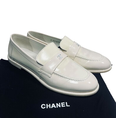 Chanel CC Logo White Patent Leather Loafers Moccasins Flats