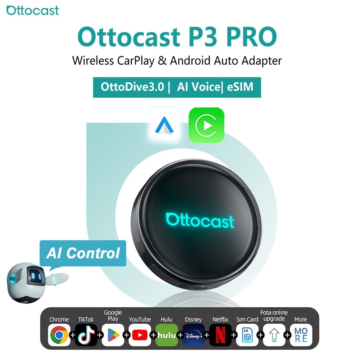 OTTOCAST P3 Pro CarPlay AI Box Android Adapter Wireless Android