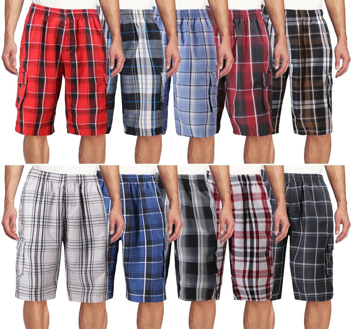 Men's Plaid Checkered Multi Pocket Elastic Waist Lightweight