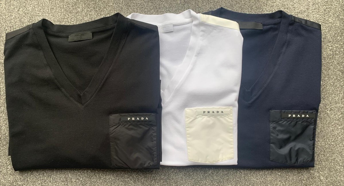 Prada V Neck Nylon Pocket T-Shirt white,black& Blue. 100