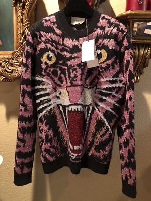 100% Authentic GUCCI Pink & Black Metallic Wool Tiger Sweater