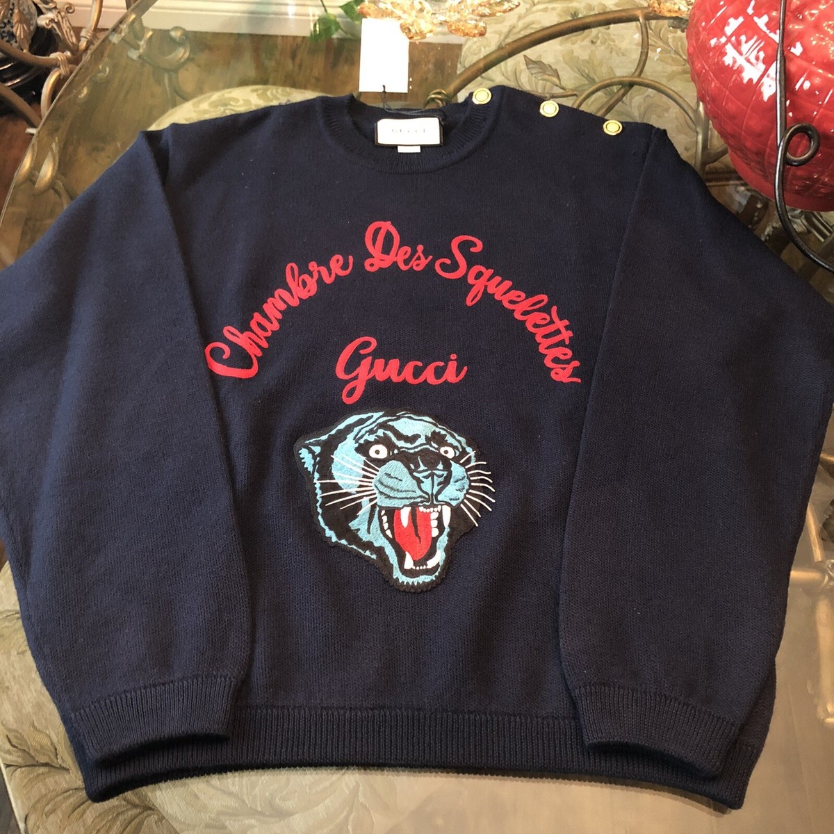 100% Authentic GUCCI Navy Tiger Head Wool Knitted Sweater $1850+