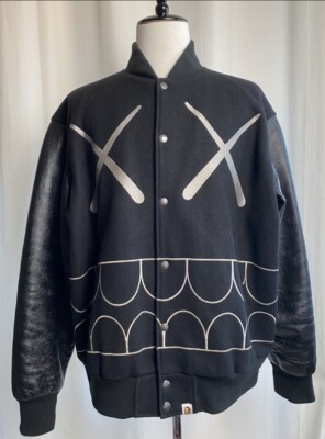 A Bathing Ape Kaws Black Leather Wool Chomper Varsity Jacket 2005