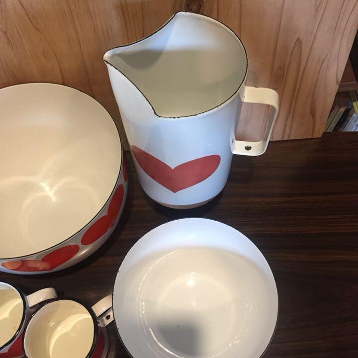 FINEL 60s Vintage Arabia Kaj Franck Heart Enamel Set Bowl Pitcher