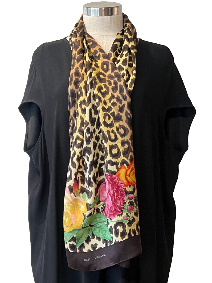DOLCE GABBANA Chocolate Silk Satin Animal+ Floral Handroll Hems
