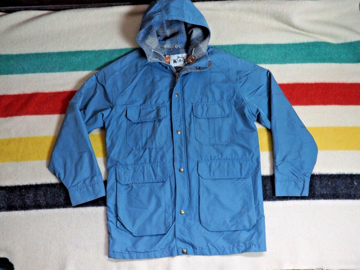 VTG 70s Woolrich Blue Gray Wool Plaid Lined Nylon Zip Snap USA
