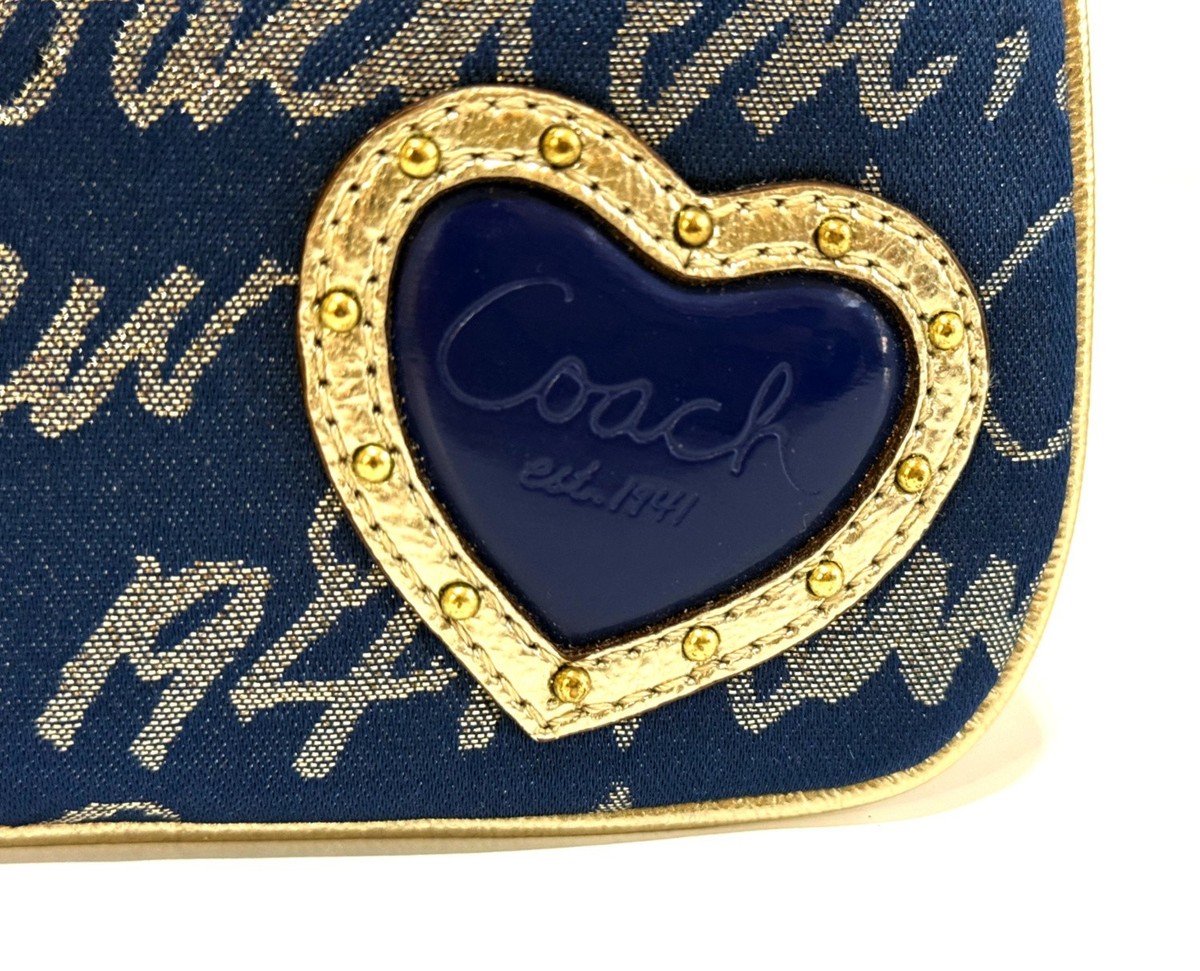MINT Coach Script New York Gold Trim Navy Blue Heart Purse Bag