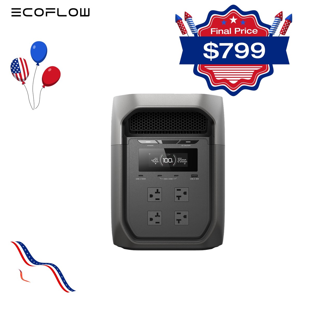 EcoFlow 2048Wh Portable DELTA 3 Max 2400W Power Station Backup