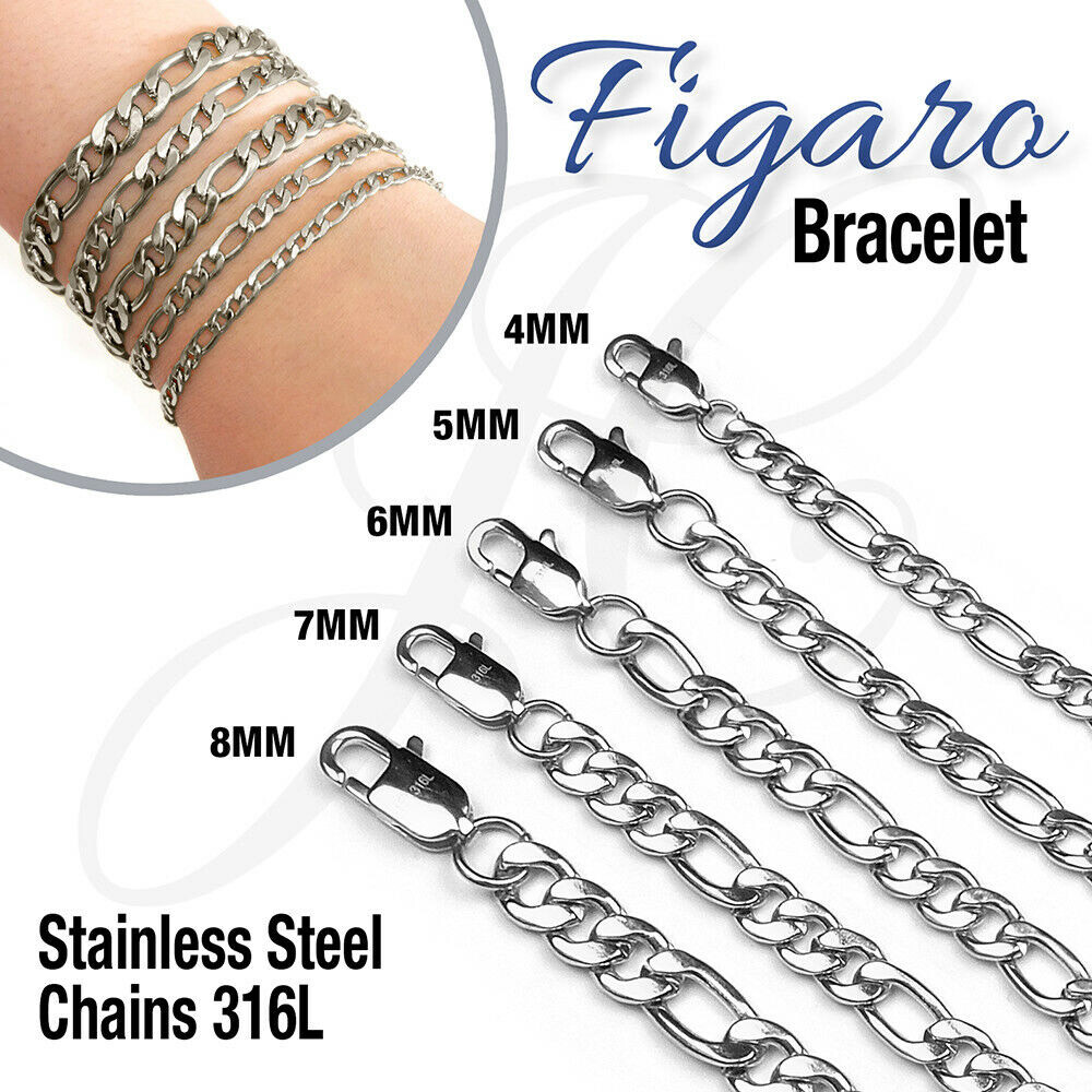 Stainless Steel 316L Figaro Chain Link Bracelet Men Women Glossy