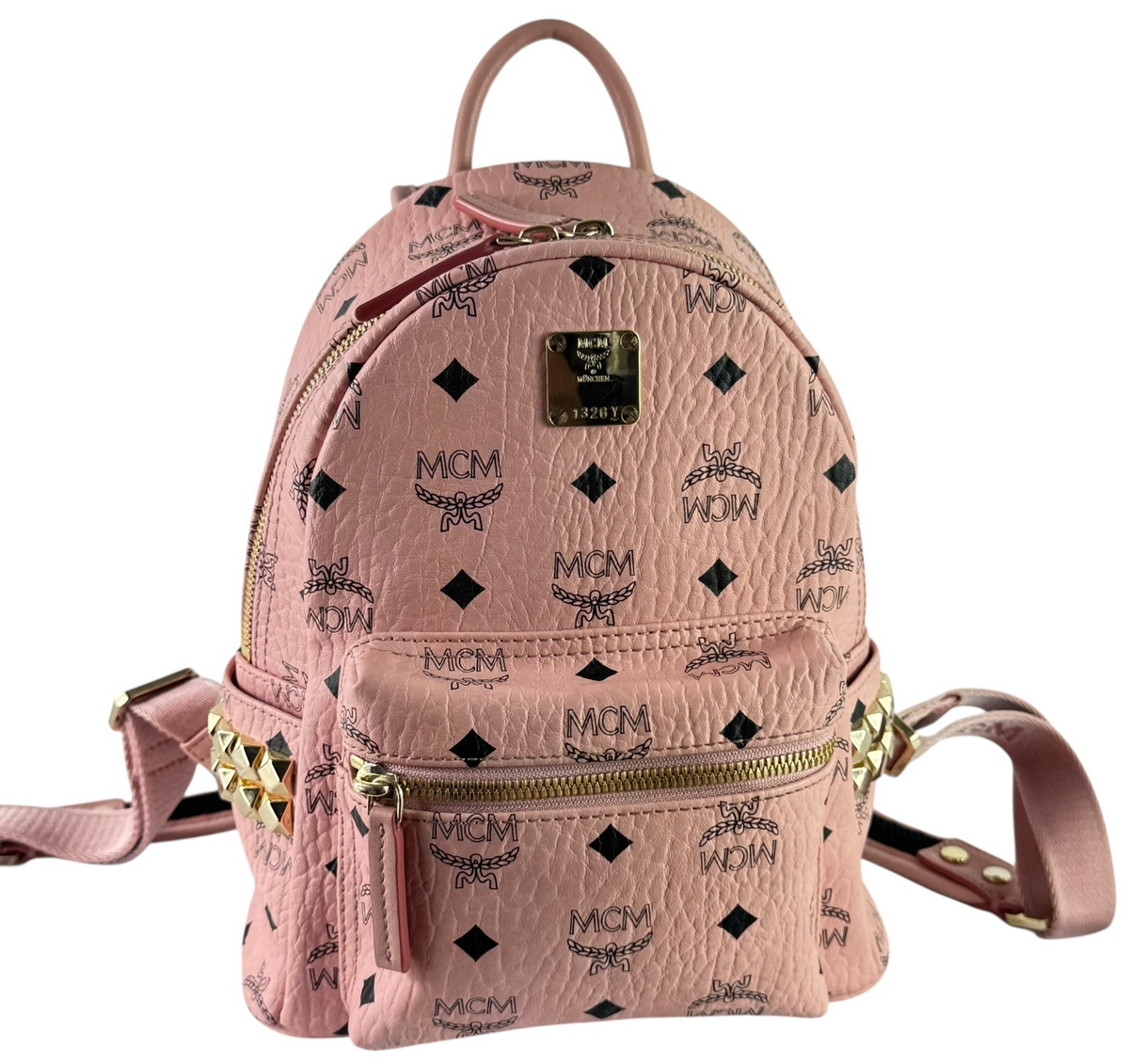 MCM Munchen Pink Canvas Leather Visetos Monogram Studded Backpack