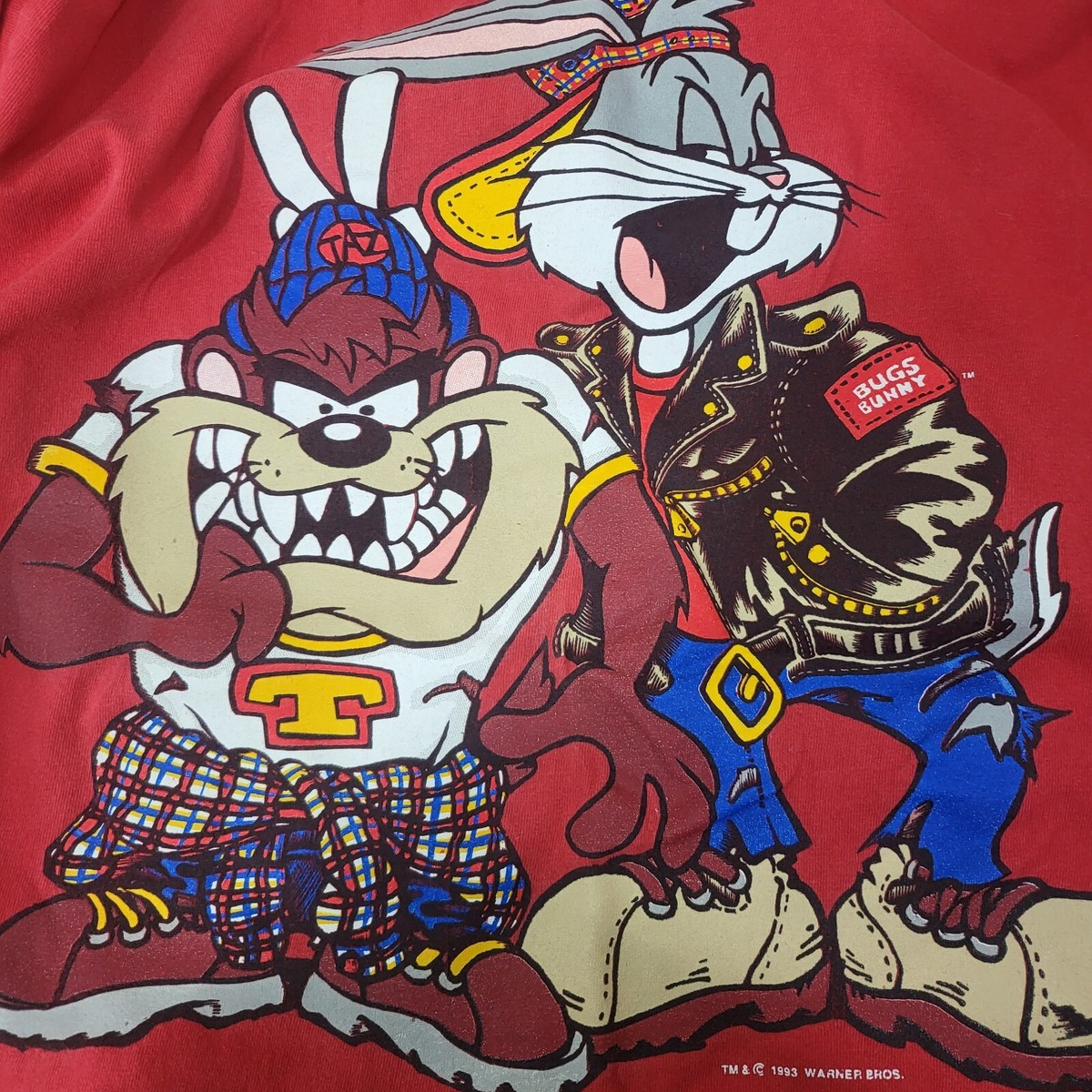 Vintage 90s Looney Tunes Taz & Bugs Bunny Hip Hop T Shirt Front