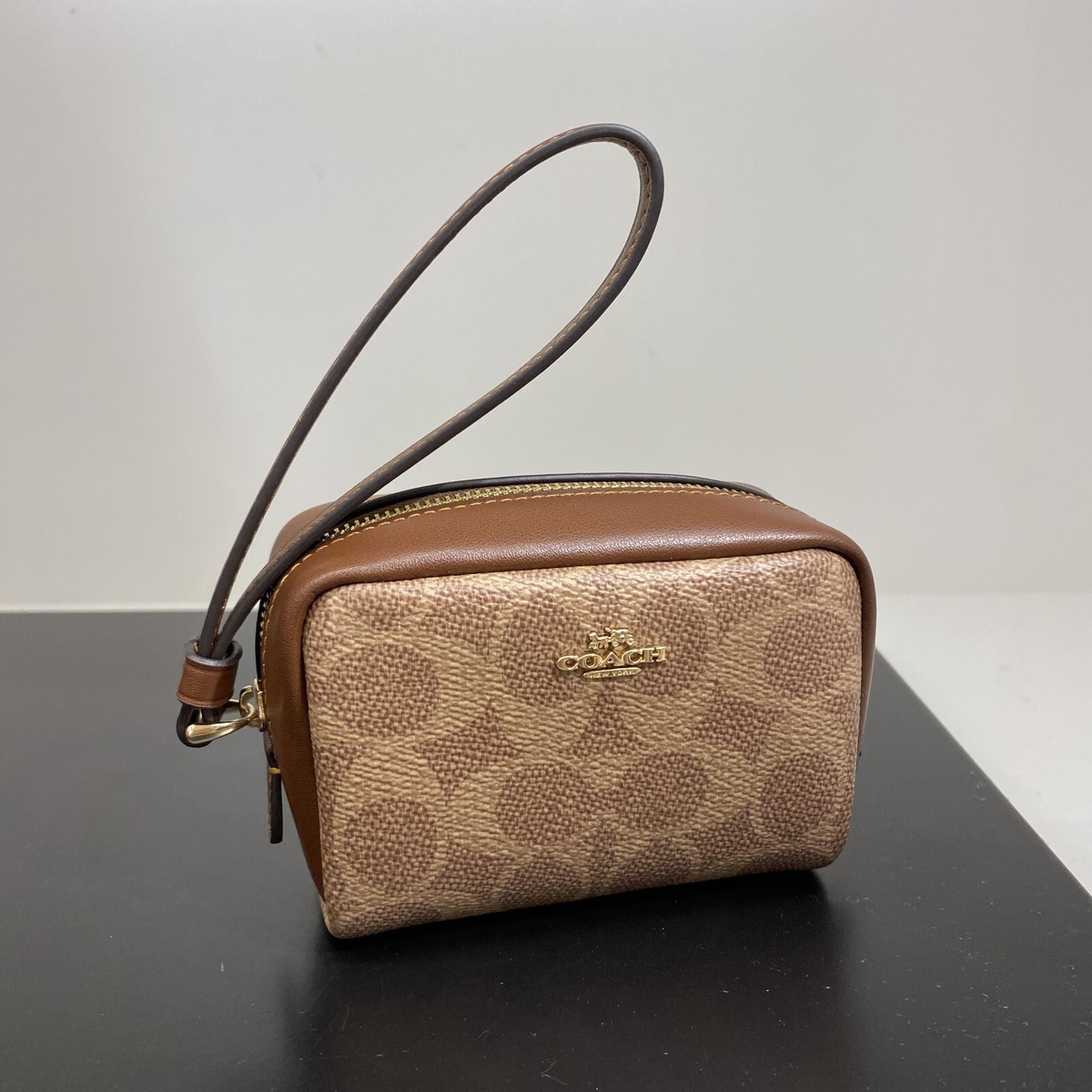 New Coach Pouch Wristlet In Signature Canvas CW907 Gold/Tan/Brown