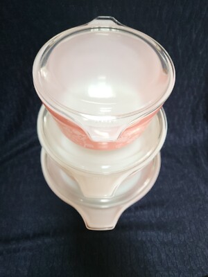 3 Vtg Pyrex Pink White Gooseberry Cinderella Bowls With Lids #473