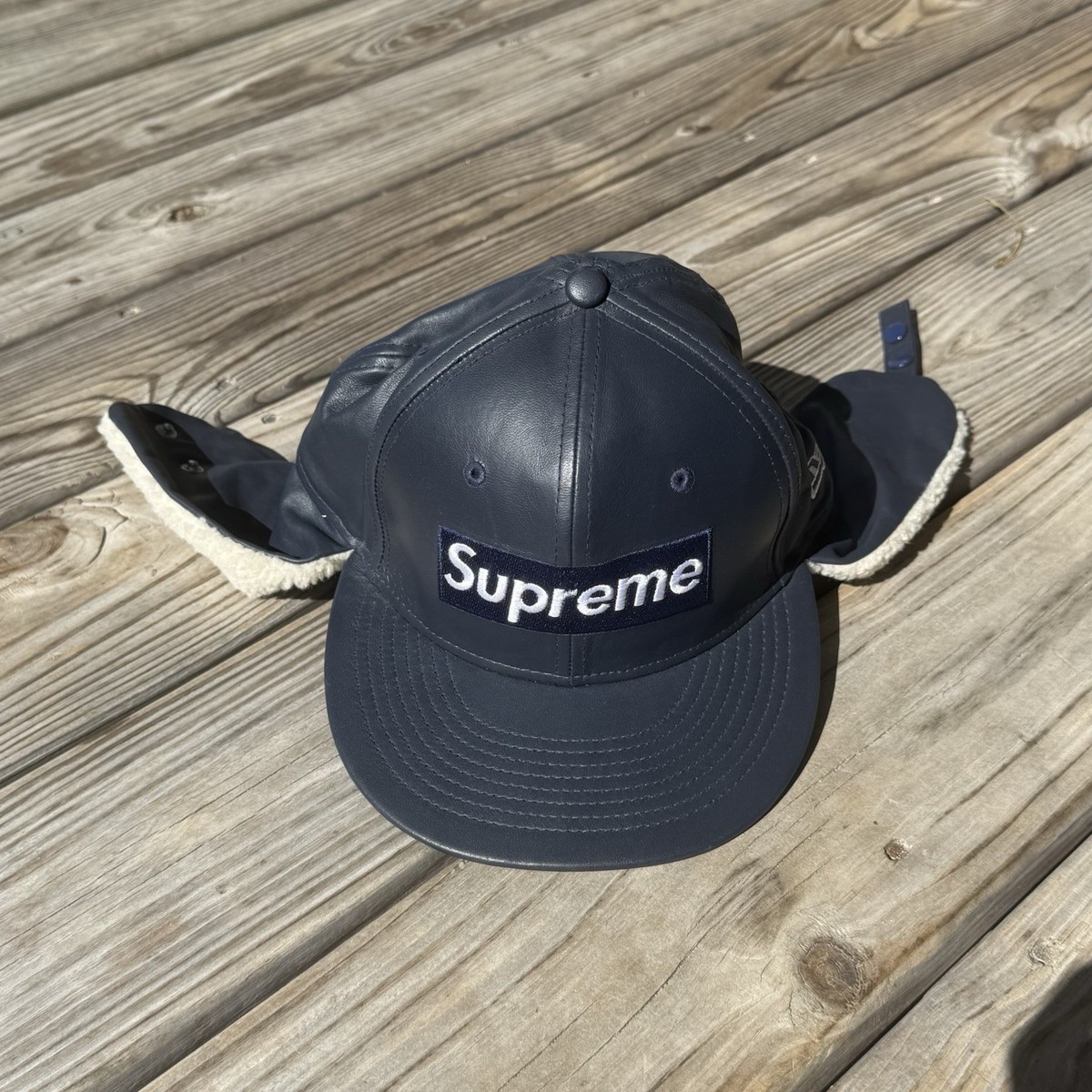 Supreme Leather Earflap Box Logo New Era Fitted Hat Navy 7 1/8 | eBay