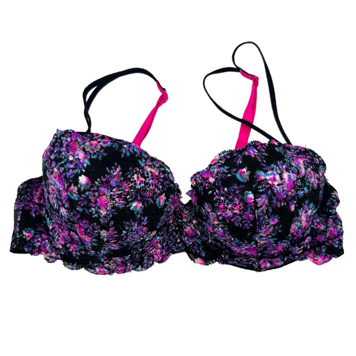 Victorias Secret PINK Push-Up Padded Floral Lace Bra 34B Black