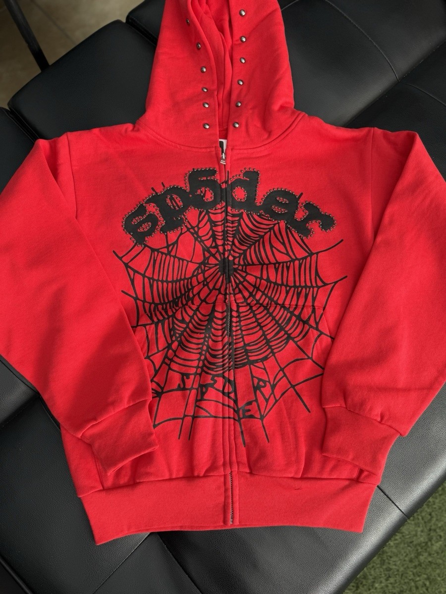 Sp5der Worldwide Red Zip Up Studded Hoodie Size XS (NEW) 100