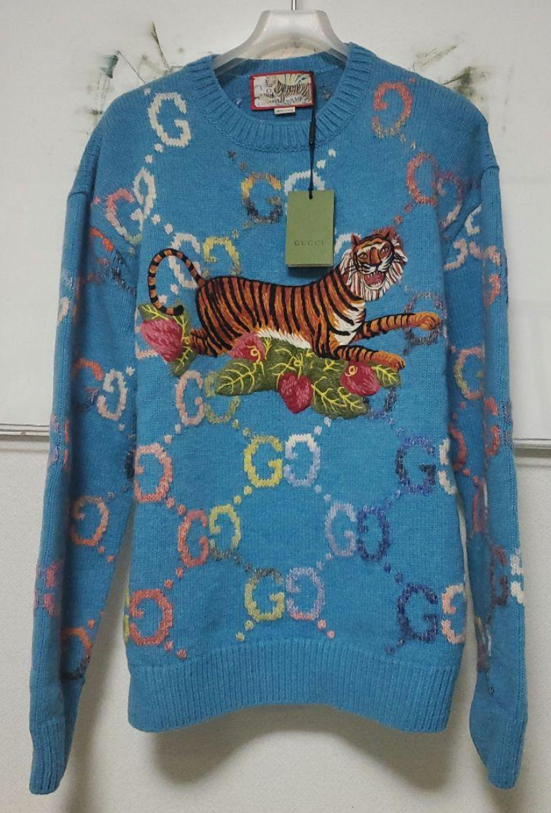 GUCCI Wool Sweater Turquoise Blue Tiger Embroidery Men's M Ships