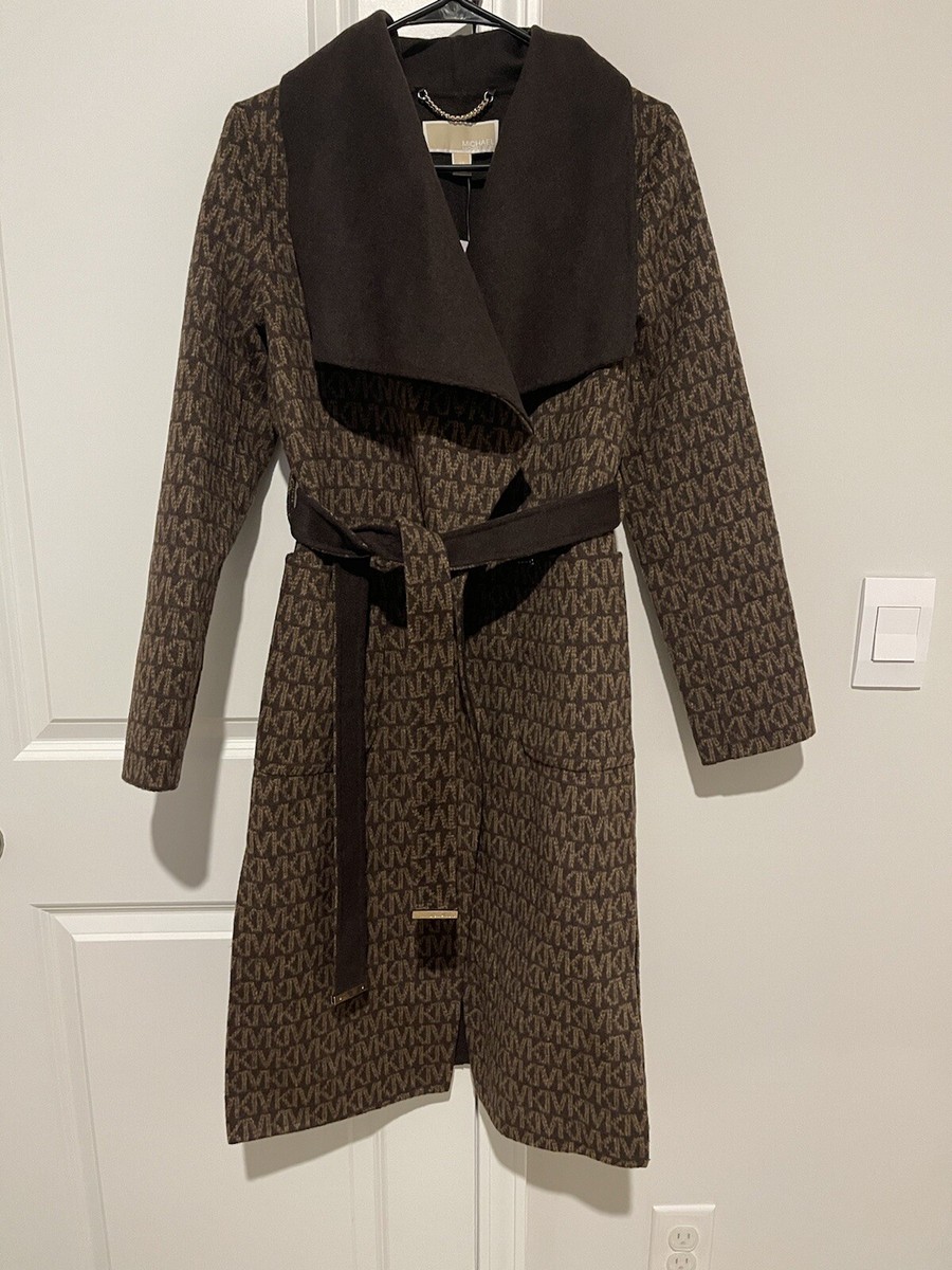 Michael Kors Wool Blend Logo Jacquard Wrap Coat-Chocolate Logo | eBay