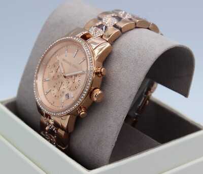 NEW AUTHENTIC MICHAEL KORS RITZ ROSE GOLD GLYTZ CHRONOGRAPH