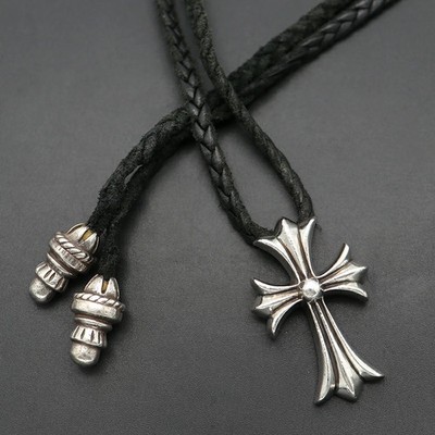 AUTH CHROME HEARTS SMALL CH CROSS PENDANT NECKLACE LEATHER BRAID
