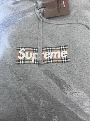 Supreme X Burberry Box Logo Heather Grey Hoodie Sz M Brand New