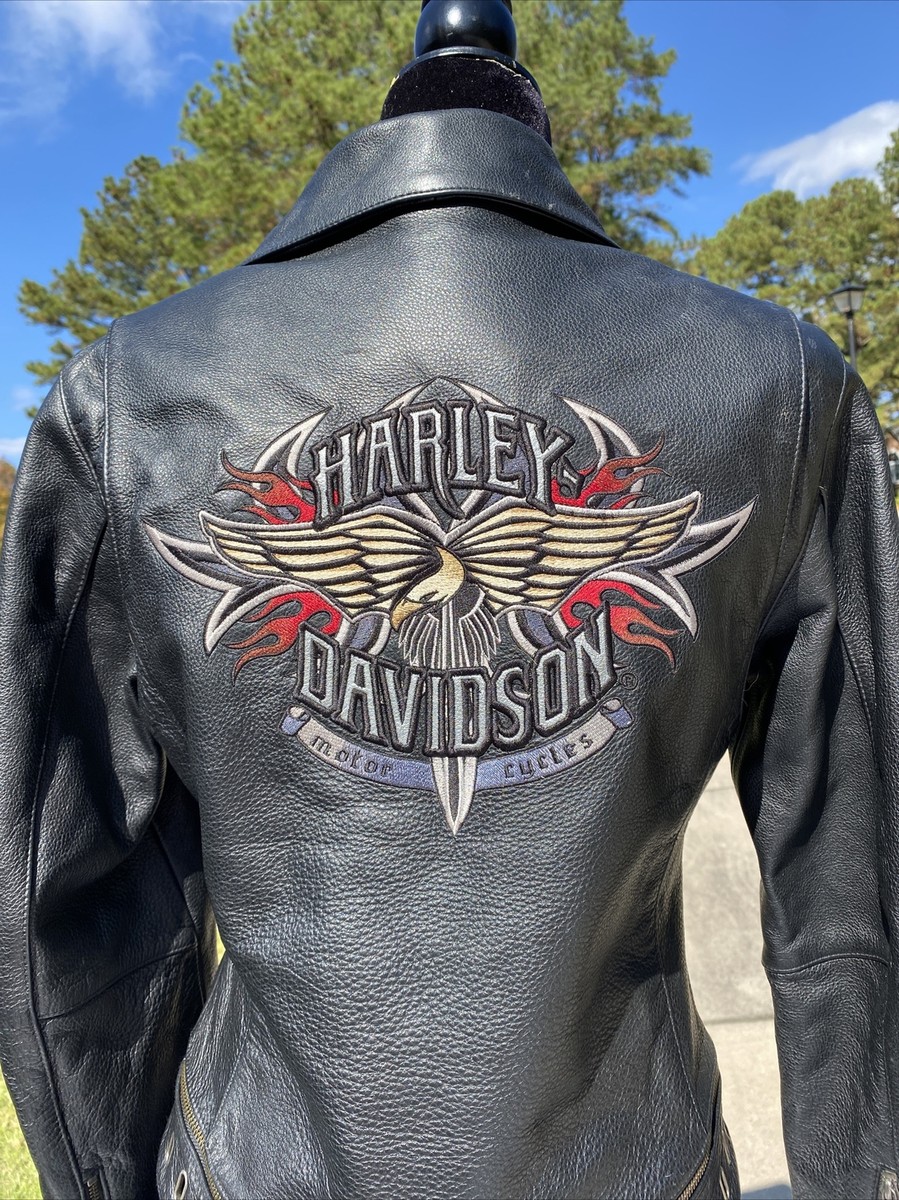 Harley Davidson Women Black Leather Jacket Small Chain Dagger
