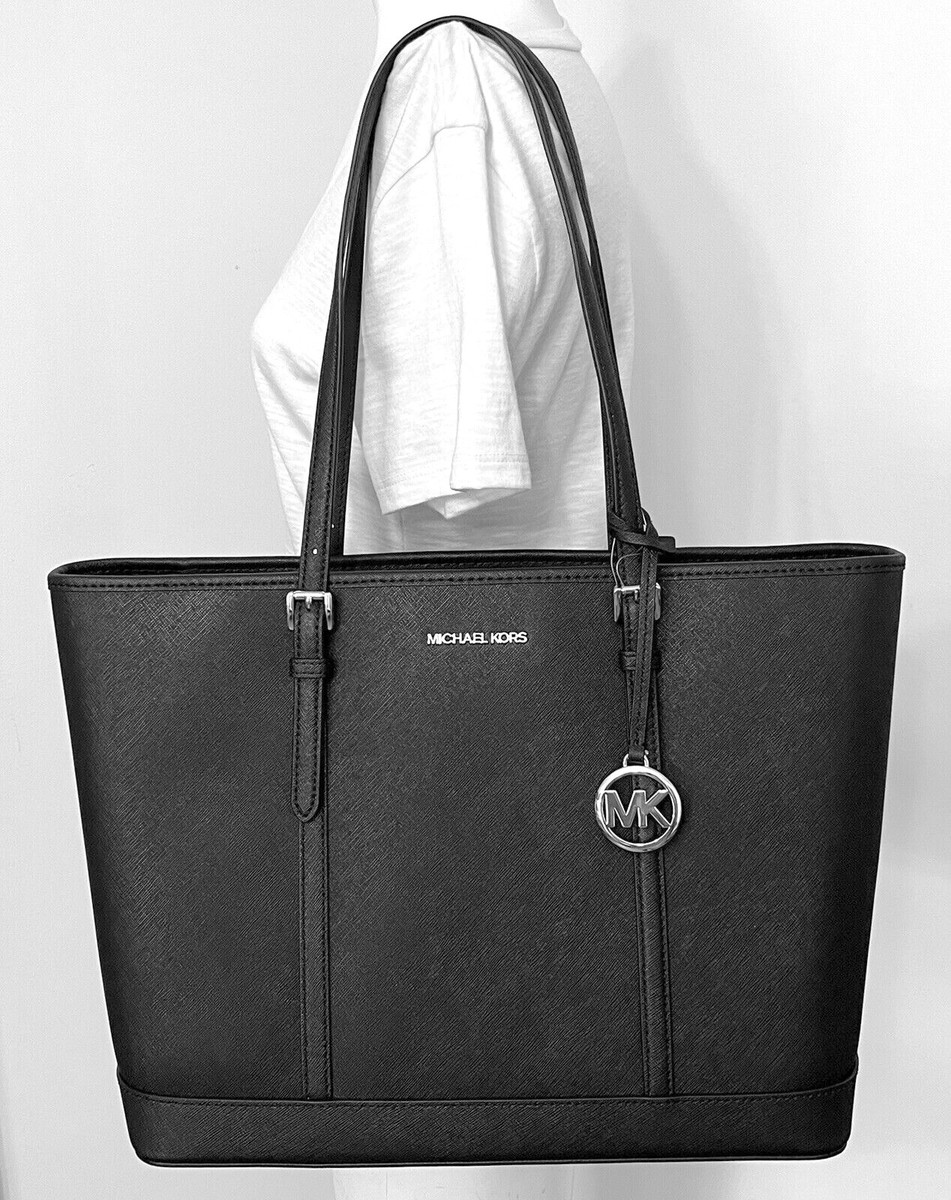 MICHAEL KORS JET SET TRAVEL LARGE BLACK SILVER LEATHER TZ SHOULDER