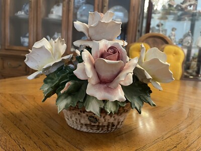 Vintage Nuova Capodimonte Ceramic Basket Bouquet of Flowers Made