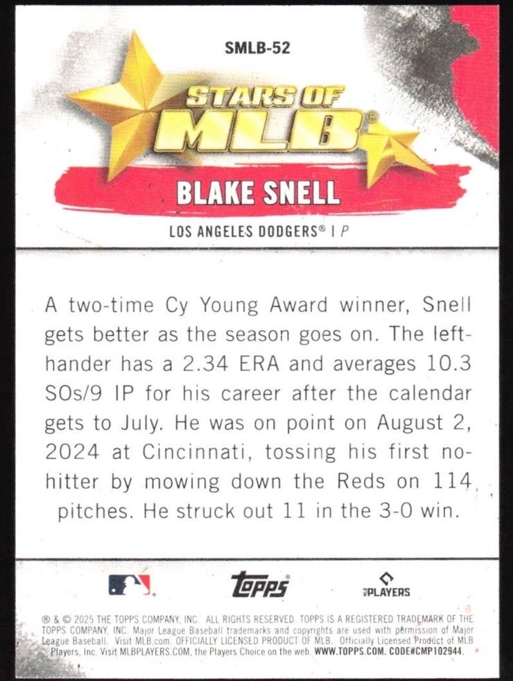 2025 Topps Series 2 Blake Snell STARS OF MLB Insert Dodgers SMLB