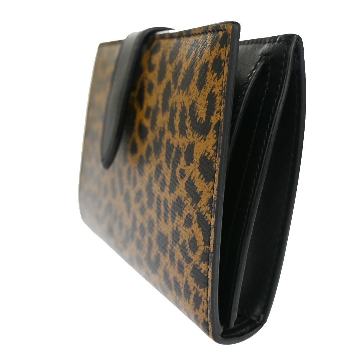 CELINE Logo Leopard Bifold Wallet Purse Leather Brown Black