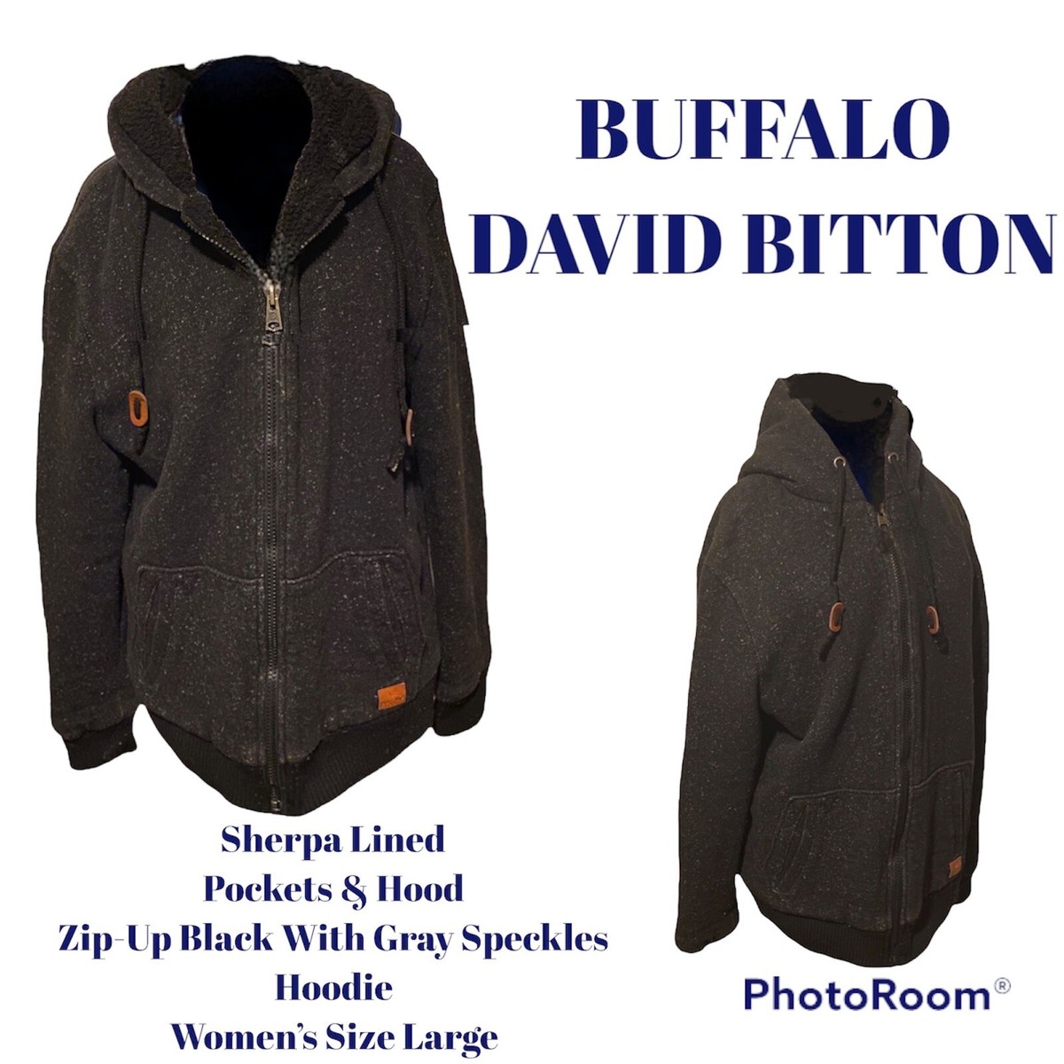 Buffalo David Bitton Zip-Up Sherpa Lined Hood Pockets Black/Gray