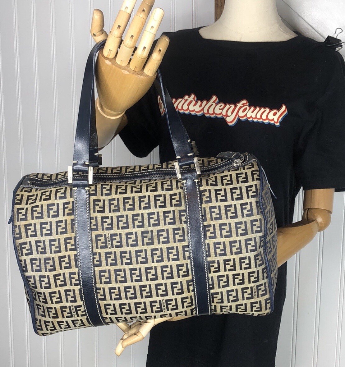 FENDI Zucca Boston Duffle Shoulder Bag Canvas Leather Navy Blue