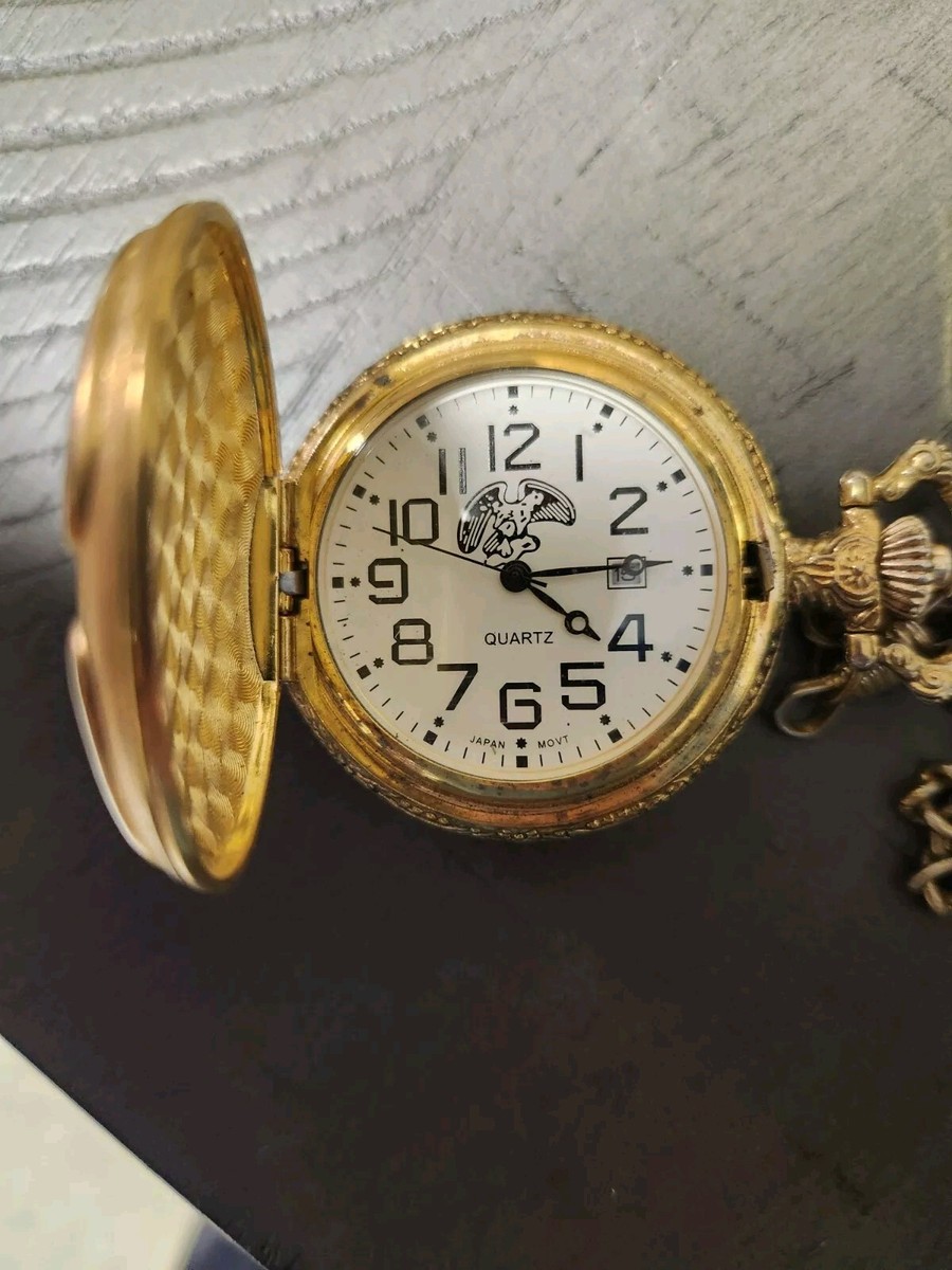 Vintage Eagle Pocket Watch & Chain Gold Tone Watch-It Quartz Japan