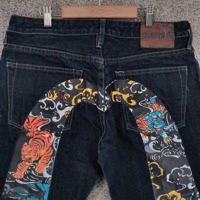 Evisu Jeans 34x34 Dark Blue Denim Painted Tiger Dragon Osaka Japan