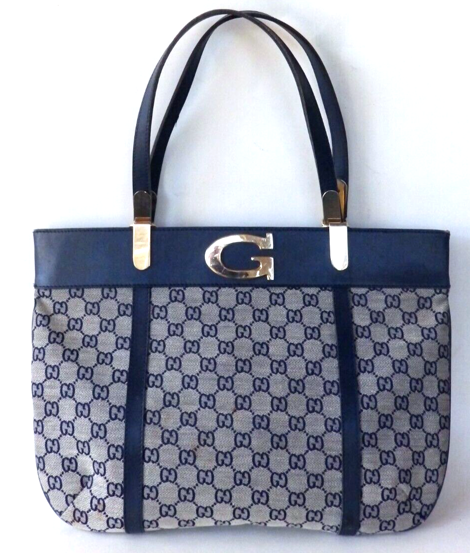 Authentic Vintage 1970s Gucci Blue Leather Canvas GG Shoulder Bag