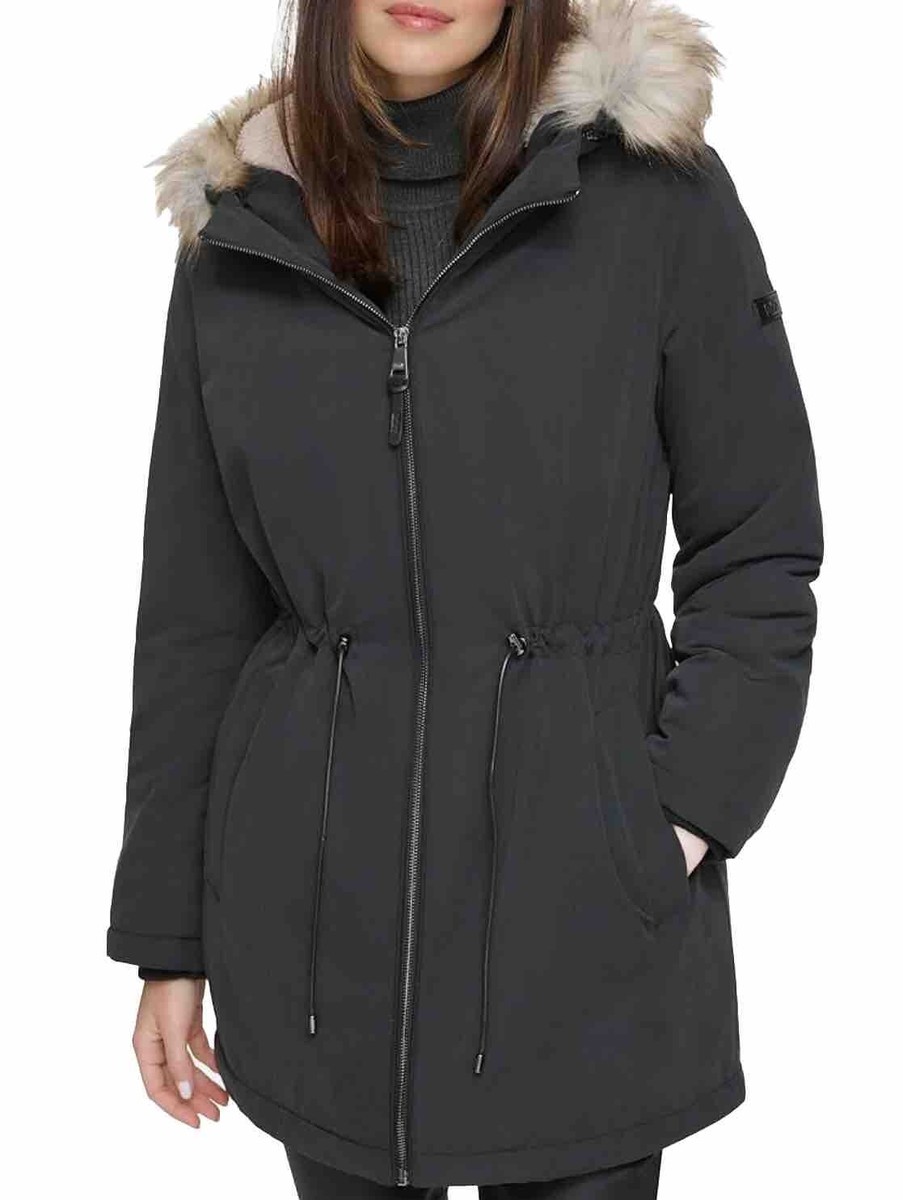 DKNY Women's Faux-Fur-Trim Hooded Anorak Black Coat Size XL New