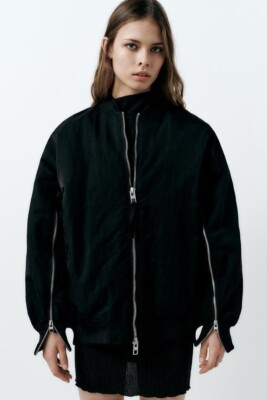 Zara Black Oversize Nylon Bomber Jacket Size L £59.99 2024 3427