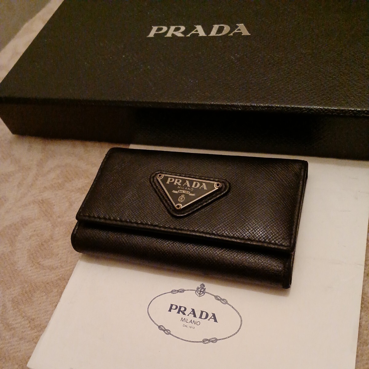 PRADA Saffiano Leather Key Case 6 Keys Black Triangle Logo Calf