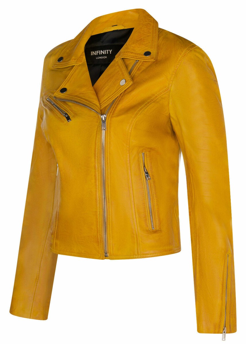 Ladies Leather Biker Jacket Classic Yellow Real Lamb Nappa Gothic