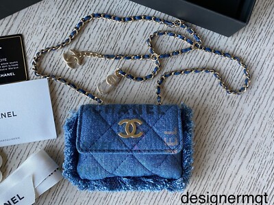 NIB 100% AUTH Chanel 22P Blue Denim Card Holder Belt Bag Light