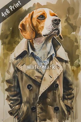 Dog Beagle in a detective trench coat watercolor Art 4x6 Print | eBay