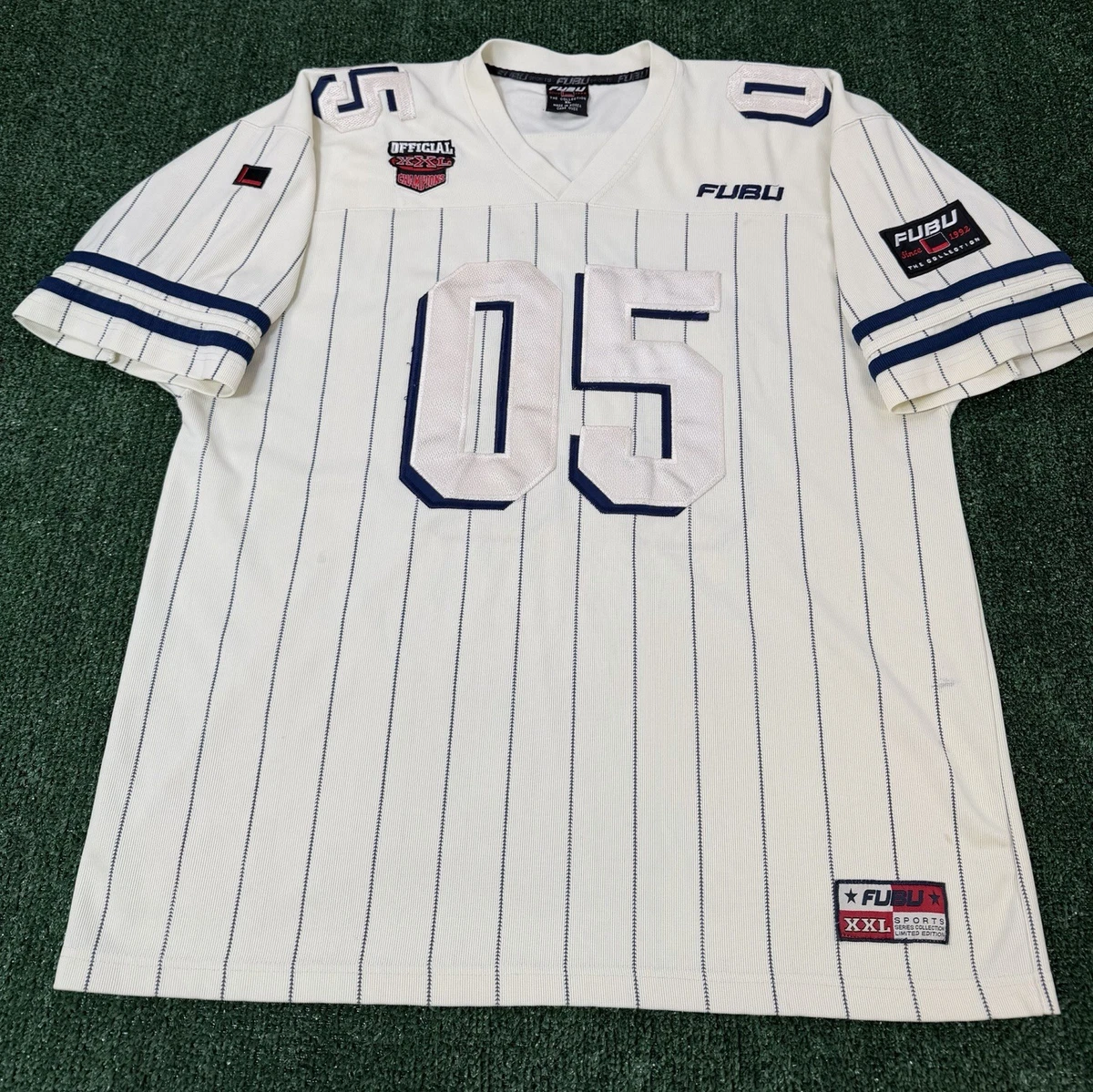 VTG FUBU 05 Jersey Ivory Cream Navy Pinstripe Football Hip Hop