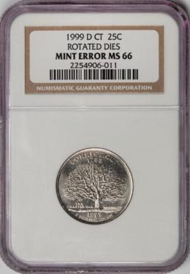1999 D NGC MS66 Rotated Dies Connecticut Quarter Mint Error Great
